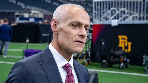 Big 12 commissioner Brett Yormark talks with the media during the Big 12 Media Day at AT&T Stadium.